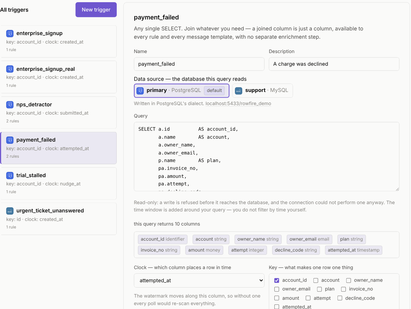 The trigger editor: a payment_failed query, its returned columns, clock and key